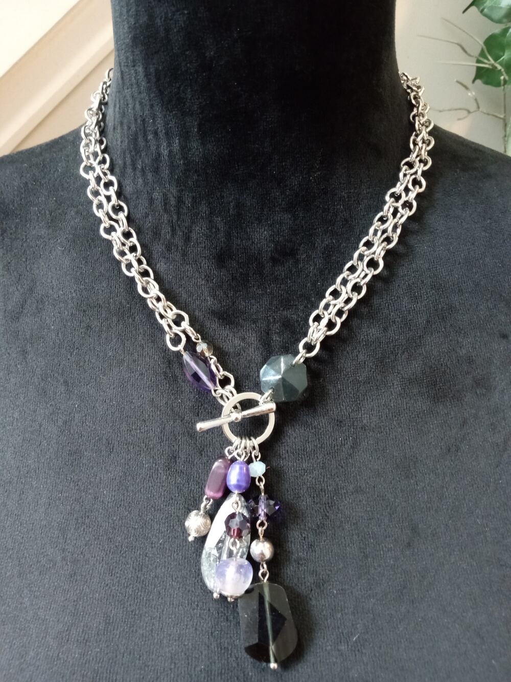 Black Purple Crystal Pendant Necklace Silver Tone Multi Chain Statement Necklace